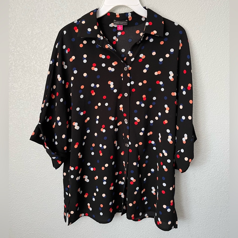 Vince Camuto Black Button-Up Blouse with‎ Red, White & Blue Polka Dots